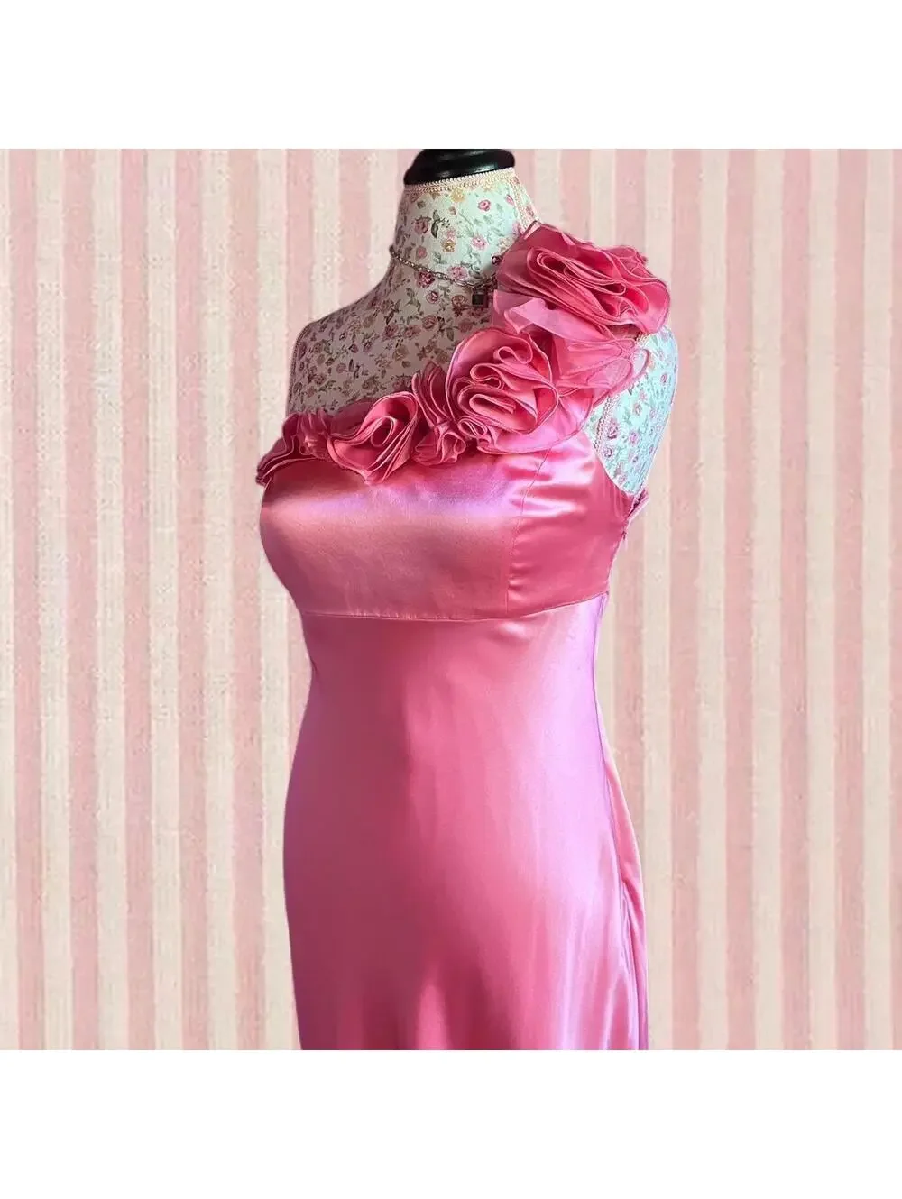 silk pink floor length dress with floral ruffles - Picture 6 of 8